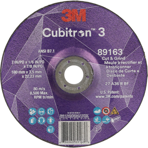 Cubitron 3 Cut and Grind Wheel, 7" x 1/8", 7/8" Arbor, Type 27, 36 Grit, Ceramic Cam Industrial