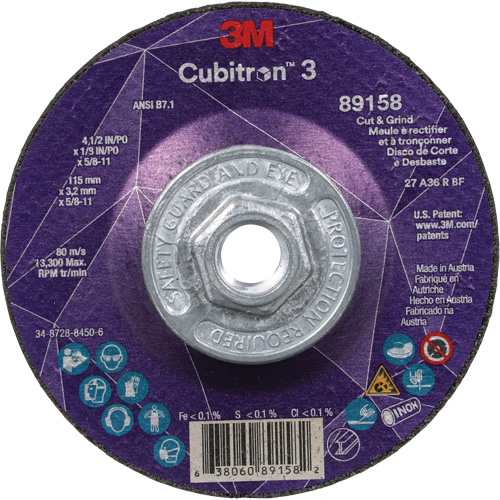 Cubitron 3 Cut and Grind Wheel, 4-1/2" x 1/8", 5/8"-11 Arbor, Type 27, 36 Grit, Ceramic Cam Industrial