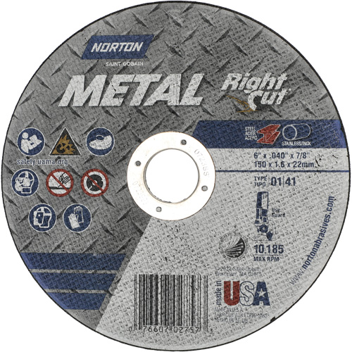 Metal RightCut Right Angle Cut-Off Wheel, 6" x 0.04", 7/8" Arbor, Type 01/41, Aluminum Oxide, 10185 RPM Cam Industrial