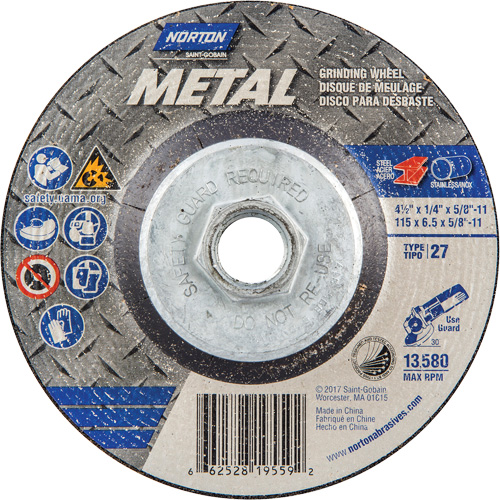 Meule pour le m&eacute;tal, 4-1/2" x 1/4", Arbre 5/8"-11, Oxyde d'aluminium, Type 27 Cam Industrial
