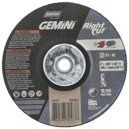 Meule &agrave; tronçonner pour coupe &agrave; angle droit RightCut Gemini, 6" x 0,045", Arbre de 5/8"-11, Type 27/42, Oxyde d'aluminium, 10185 Tr/min Cam Industrial