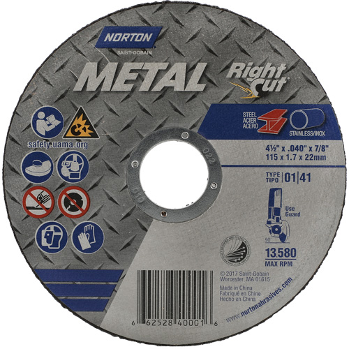 Metal RightCut Right Angle Cut-Off Wheel, 4-1/2" x 0.045", 7/8" Arbor, Type 01/41, Aluminum Oxide, 13580 RPM Cam Industrial