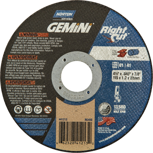 Gemini RightCut Right Angle Cut-Off Wheel, 4-1/2" x 0.045", 7/8" Arbor, Type 01/41, Aluminum Oxide, 13580 RPM Cam Industrial