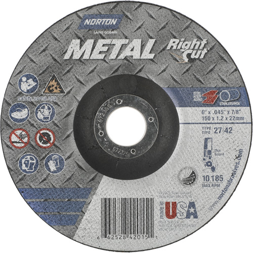 Metal RightCut Right Angle Cut-Off Wheel, 6" x 0.045", 7/8" Arbor, Type 27/42, Aluminum Oxide, 10190 RPM Cam Industrial