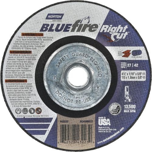 Meule &agrave; tronçonner pour coupe &agrave; angle droit RightCut BlueFire, 4-1/2" x 1/16", Arbre de 5/8"-11, Type 27/42, Oxyde d'aluminium, 13580 Tr/min Cam Industrial