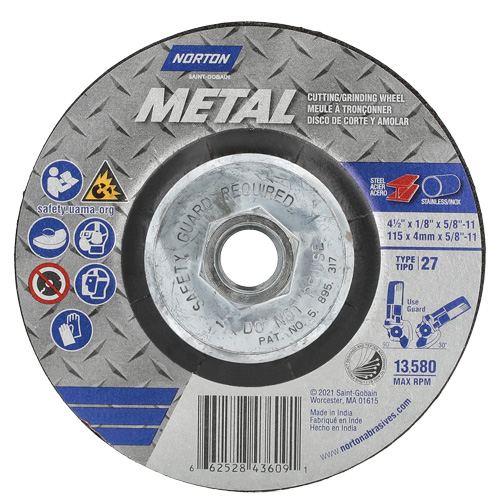 Disque de meulage et tronçonnage m&eacute;tallique, 4-1/2" x 1/8", Arbre de 5/8"-11, Type 27, Oxyde d'aluminium Cam Industrial
