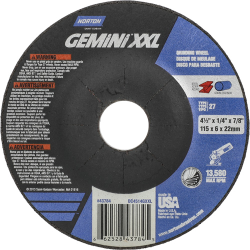 Meule XXL Gemini, 4-1/2" x 1/4", Arbre 7/8", Oxyde d'aluminium, Type 27 Cam Industrial