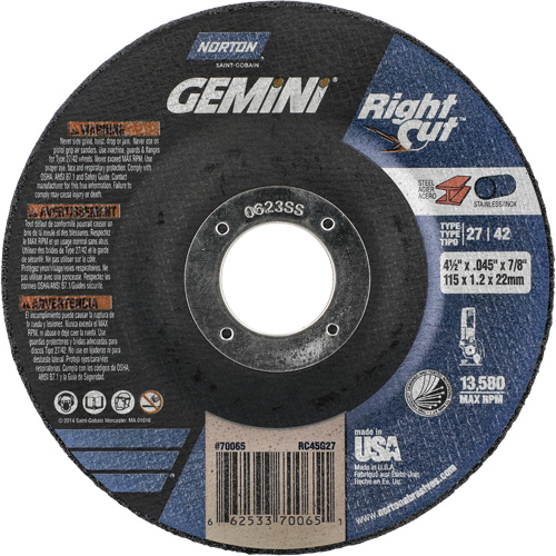 Meule &agrave; tronçonner pour coupe &agrave; angle droit RightCut Gemini, 4-1/2" x 0,045", Arbre de 7/8", Type 27/42, Oxyde d'aluminium, 13580 Tr/min Cam Industrial