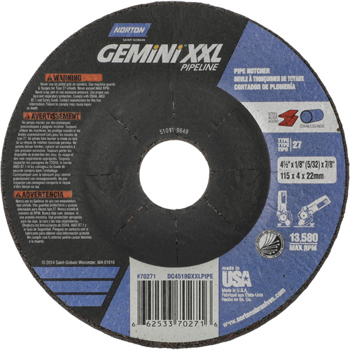 Disque combin&eacute; de meulage et tronçonnage Gemini XXL, 4-1/2" x 1/8", Arbre de 7/8", Type 27, Oxyde d'aluminium Cam Industrial