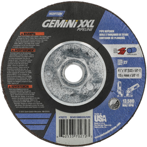 Disque combin&eacute; de meulage et tronçonnage Gemini XXL, 4-1/2" x 1/8", Arbre de 5/8"-11, Type 27, Oxyde d'aluminium Cam Industrial