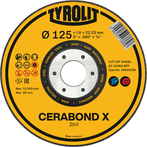CERABOND X Cut-Off Wheel for Steel & Stainless Steel, 5" x 0.45", 7/8" Arbor, Type 1, Ceramic, 12250 RPM Cam Industrial