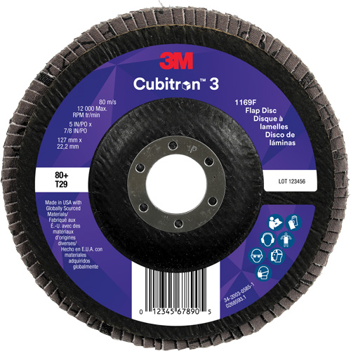 Disque &agrave; lamelles conique 1169F Cubitron 3, 5" x 7/8", Type T29, Grain 80+, C&eacute;ramique Cam Industrial