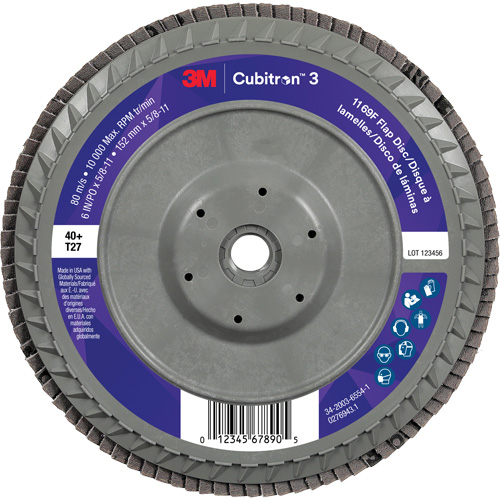 Cubitron 3 Flat Flap Disc with Quick Change 1169F, 6" x 5/8"-11, Type T27, 40+ Grit, Ceramic Cam Industrial