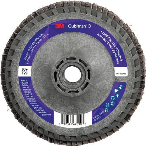 Cubitron 3 Conical  Flap Disc with Quick Change 1169F, 4-1/2" x 5/8"-11, Type T29, 60+ Grit, Ceramic Cam Industrial
