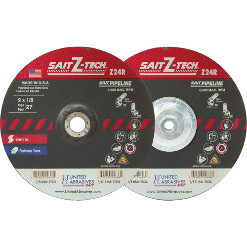 Meule haute performance pour pipelines Sait Z-Tech, 6" x 1/8", Arbre 5/8"-11, Zirconium, Type 27 Cam Industrial