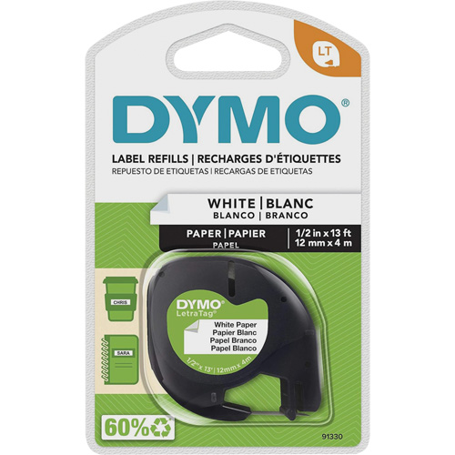 Labels for LetraTag Plus LT100-H, 12 mm x 13', Black on White Cam Industrial