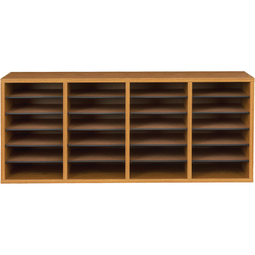 Adjustable Compartment Literature Organizer, Stationary, 24 Slots, Wood, 39-1/4" W x 11-3/4" D x 16-1/4" H Cam Industrial