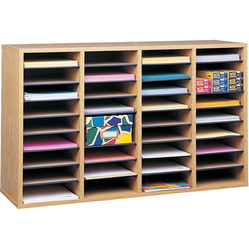 Adjustable Compartment Literature Organizer, Stationary, 36 Slots, Wood, 39-1/4" W x 11-3/4" D x 24" H Cam Industrial
