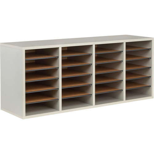 Adjustable Compartment Literature Organizer, Stationary, 24 Slots, Wood, 39-1/4" W x 11-3/4" D x 16-1/4" H Cam Industrial