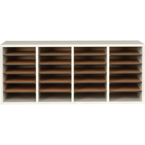 Adjustable Compartment Literature Organizer, Stationary, 24 Slots, Wood, 39-1/4" W x 11-3/4" D x 16-1/4" H Cam Industrial