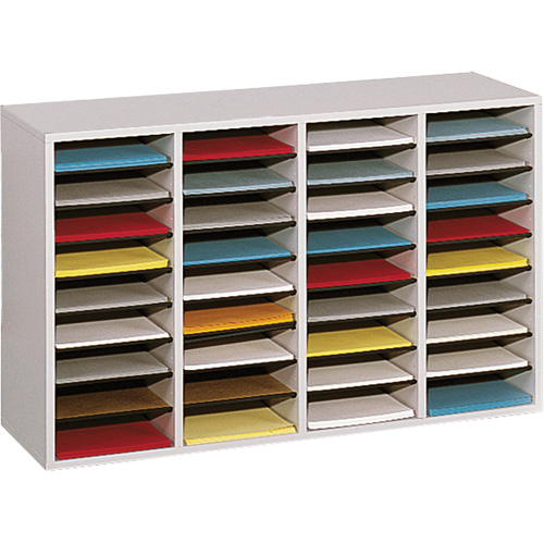Adjustable Compartment Literature Organizer, Stationary, 36 Slots, Wood, 39-1/4" W x 11-3/4" D x 24" H Cam Industrial