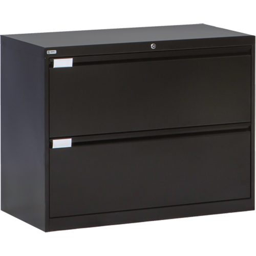 Lateral Filing Cabinet, Steel, 2 Drawers, 36" W x 18" D x 27-7/8" H, Black Cam Industrial