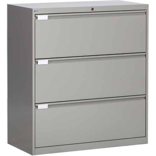 Lateral Filing Cabinet, Steel, 3 Drawers, 36" W x 18" D x 40-1/16" H, Grey Cam Industrial