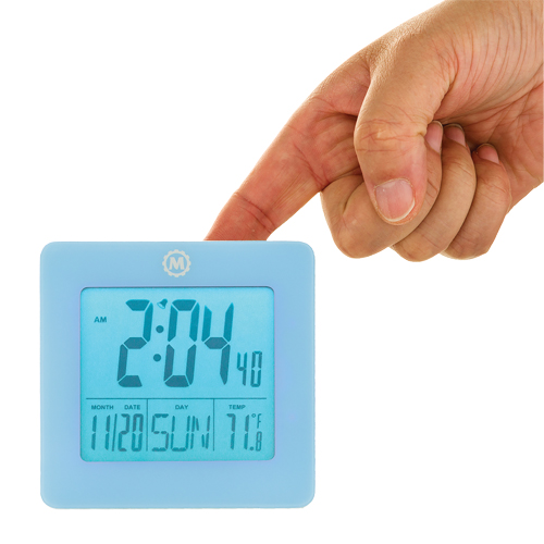 Desktop Clock, Digital, Battery Operated, 3.6" W x 1.5" D x 3.6" H, Blue Cam Industrial