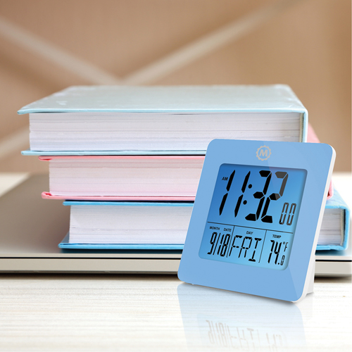 Desktop Clock, Digital, Battery Operated, 3.6" W x 1.5" D x 3.6" H, Blue Cam Industrial