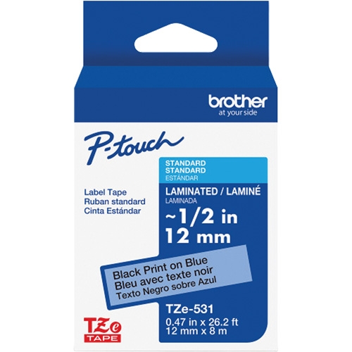 Laminated Tape for P-Touch&reg;, 12 mm x 8 m, Black on Blue Cam Industrial