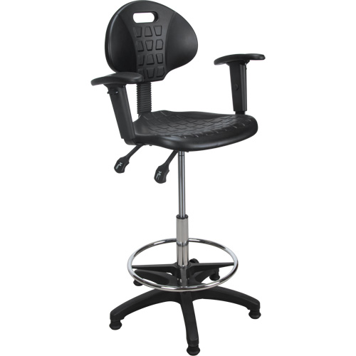 Tabouret ergonomique robuste avec accoudoirs r&eacute;glables, Stationnaire, Ajustable, 39" - 48", Polyur&eacute;thane Si&egrave;ge, Noir Cam Industrial