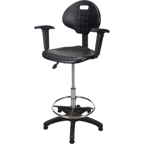 Tabouret ergonomique robuste avec accoudoirs r&eacute;glables, Stationnaire, Ajustable, 39" - 48", Polyur&eacute;thane Si&egrave;ge, Noir Cam Industrial