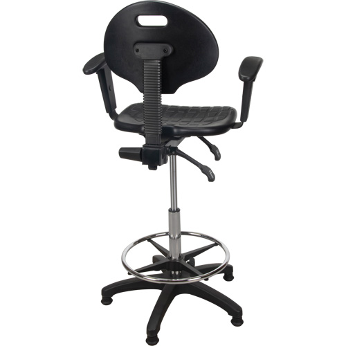 Tabouret ergonomique robuste avec accoudoirs r&eacute;glables, Stationnaire, Ajustable, 39" - 48", Polyur&eacute;thane Si&egrave;ge, Noir Cam Industrial