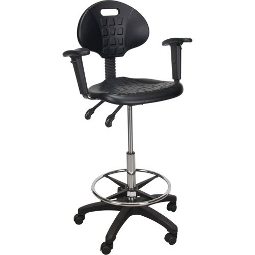 Tabouret ergonomique robuste avec accoudoirs r&eacute;glables et roulettes en nylon, Mobile, Ajustable, 39" - 48", Polyur&eacute;thane Si&egrave;ge, Noir Cam Industrial