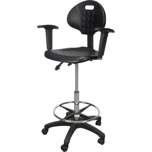 Tabouret ergonomique robuste avec accoudoirs r&eacute;glables et roulettes en nylon, Mobile, Ajustable, 39" - 48", Polyur&eacute;thane Si&egrave;ge, Noir Cam Industrial