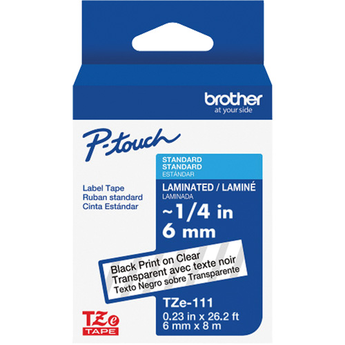 Ruban lamin&eacute; TZe-111 pour &eacute;tiqueteuses P-Touch compatibles avec les rubans TZe, Noir sur transparent, Largeur de 0,23" Cam Industrial