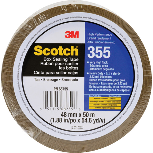 Scotch&reg; 355 Box Sealing Tape, Hot Melt Adhesive, 3.4 mils, 48 mm (1-22/25") x 50 m (164') Cam Industrial