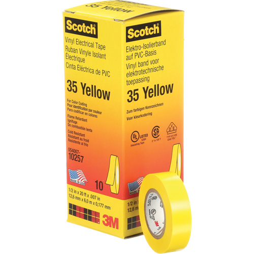 Rubans en vinyle pour codage en couleurs 35 Scotch, 12,7 mm (1/2") x 6,1 m (20'), Jaune, 7 mils Cam Industrial