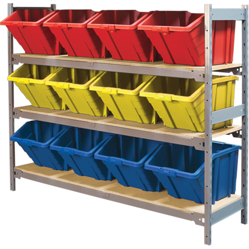 Wide Span Shelving with Jumbo Plastic Bins, Steel, Boltless, 800 lbs. Capacity, 66" W x 60" H x 18" D Cam Industrial
