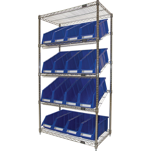 &eacute;tag&egrave;re en treillis m&eacute;tallique &agrave; tablettes inclin&eacute;es avec bacs, Tiers 5, 36" la x 63" h x 18" p Cam Industrial