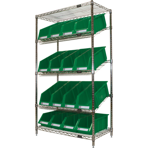 &eacute;tag&egrave;re en treillis m&eacute;tallique &agrave; tablettes inclin&eacute;es avec bacs, Tiers 5, 36" la x 63" h x 18" p Cam Industrial