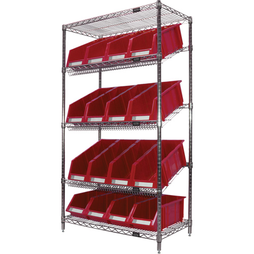 Slanted Wire Shelf with Bins, 5 Tiers, 36" W x 63" H x 18" D Cam Industrial