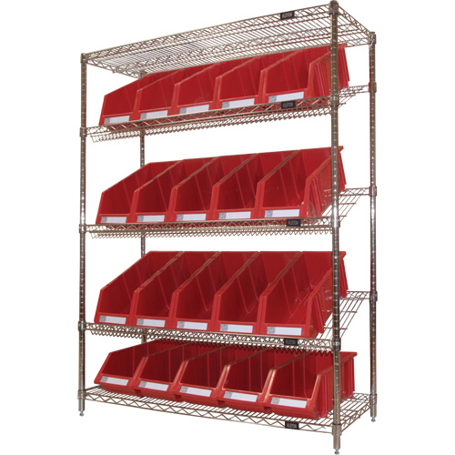 Slanted Wire Shelf with Bins, 5 Tiers, 48" W x 63" H x 18" D Cam Industrial