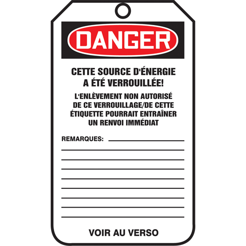 &eacute;tiquettes de verrouillage, Papier cartonn&eacute;, 3-1/8" la x 5-7/8" h, Français Cam Industrial