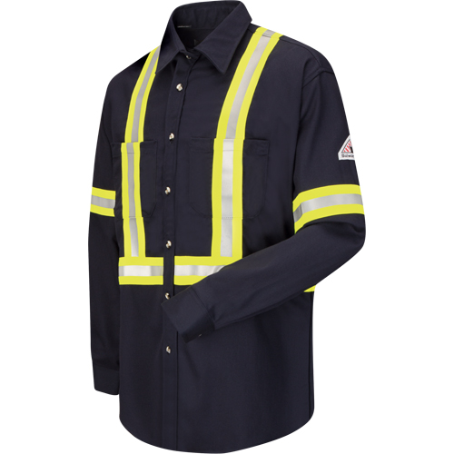 Work Shirt with Reflective Trim, Cotton/Nylon, Medium, High Visibility Orange Cam Industrial