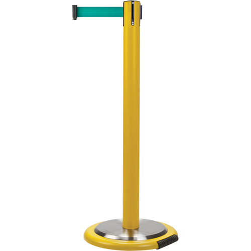 Free-Standing Crowd Control Barrier, Steel, 35" H, Green Tape, 7' Tape Length Cam Industrial