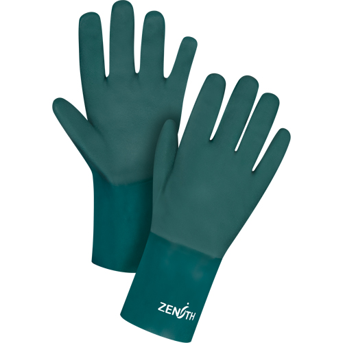 Double Dipped Green Gloves, 12" L, PVC, Cotton Jersey Inner Lining, 70-mil Cam Industrial