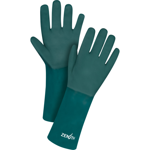 Double Dipped Green Gloves, 14" L, PVC, Cotton Jersey Inner Lining, 70-mil Cam Industrial