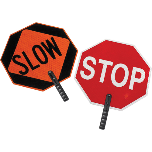 Double-Sided "Stop/Slow" Traffic Control Sign, 18" x 18", Plastic, English with Pictogram Cam Industrial