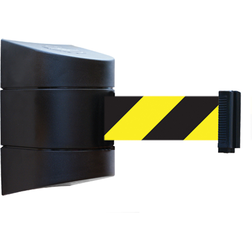 Tensabarrier&reg; Wall Mounted Units, Plastic, Magnetic Mount, 15', Black and Yellow Tape Cam Industrial